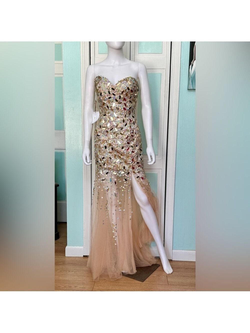 Size 8 Gold Broken Glass Dress Gown Slit Prom Pageant Homecoming Hoco Cruise